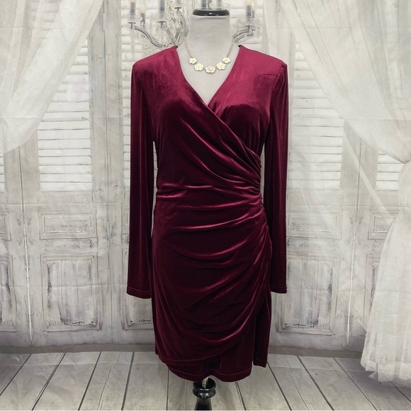 Alex Marie Long Sleeve Solid Mahogany Red Velvet Ruched Faux Wrap Dress V Neck - Picture 1 of 12